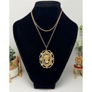 Antique Victorian Style Intaglio Cameo Statement Necklace Gold Tone